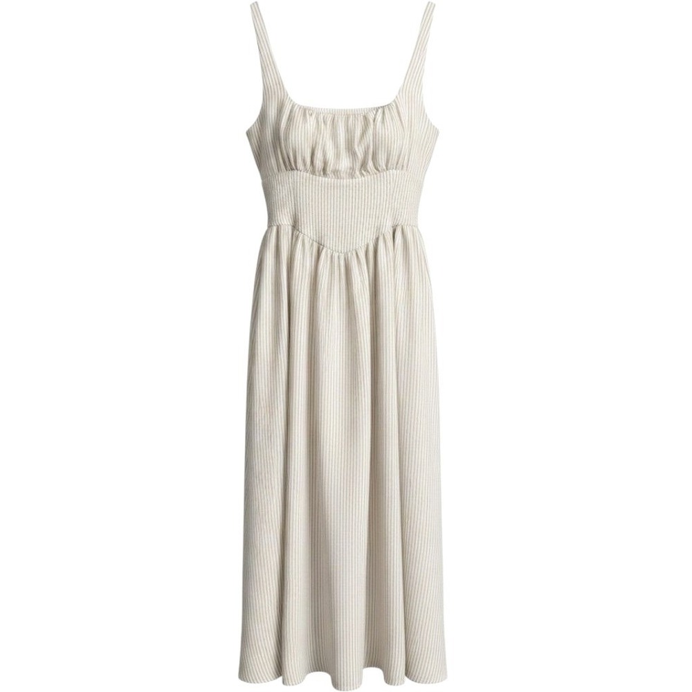 The Workshop Tan White Striped Milkmaid Midi Dress L Smocked Back Cottagecore